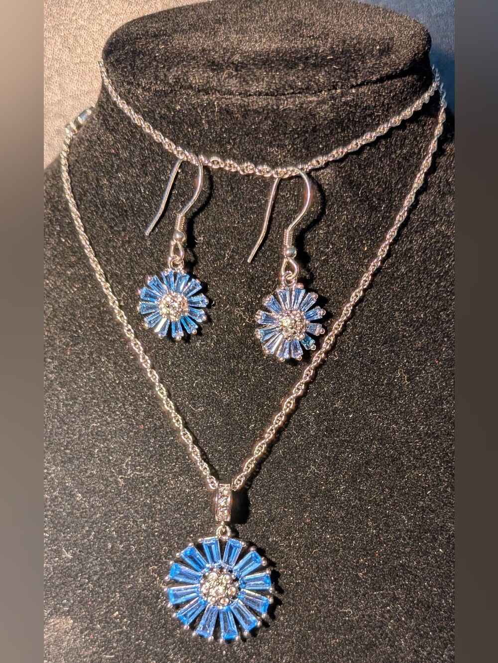 Blue Crystal Floral Pendant Necklace and Earring Set